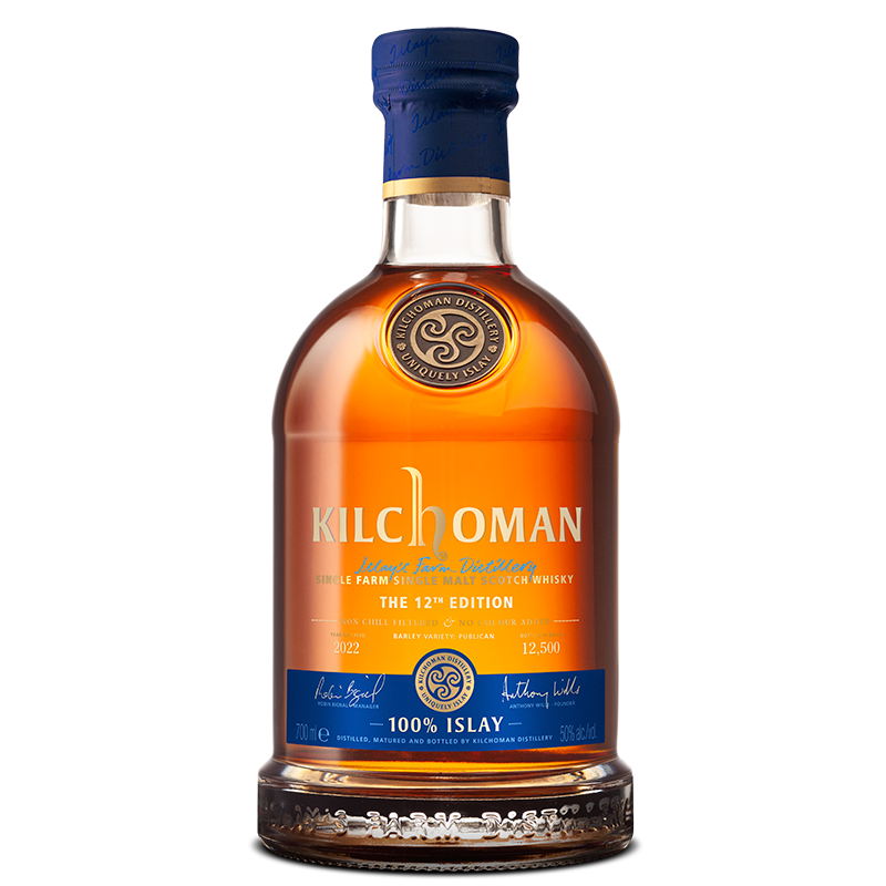 Kilchoman 100% Islay Single Malt Scotch Whisky bottle with a distinct blue gold label and design.