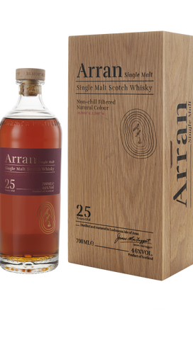 Image of Arran 25 Year Old Single Malt bottle with wooden box: A masterpiece in whisky craftsmanship, elegantly presented.