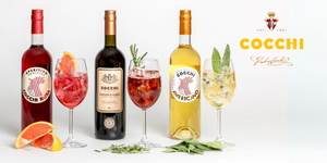 Cocchi Vermouth 3 bottle variations with a filled iced glass on the side
