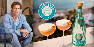 Brad Pitt sitting wearing a blue shirt and a bottle of Gardener Gin on the edge of a balcony with 2 orange cocktails overlooking the French riviera