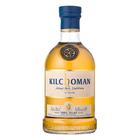 Kilchoman 100% Islay 14th edition Single Malt Scotch Whisky bottle with a distinct blue gold label and design.