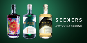 Collection of 3 bottles from Seekers Gin. Jason Kong, Dry, Gold, for online liquor store sale. Spirit of the Mekong