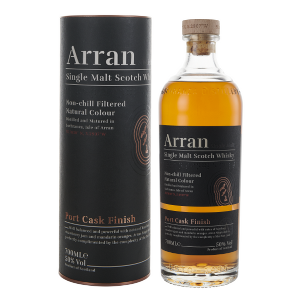 a bottle of Arran Arran Malt Port Wine Cask Finish whisky with its metal tube packaging