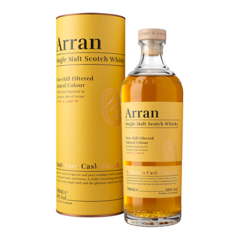 a bottle of Arran Arran Malt Sauternes Cask Finish whisky with its metal tube packaging