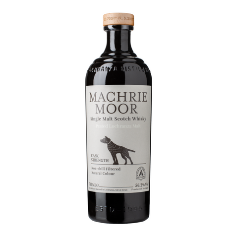 a bottle of Arran Machrie Moor Cask Strength Single Malt whisky white label
