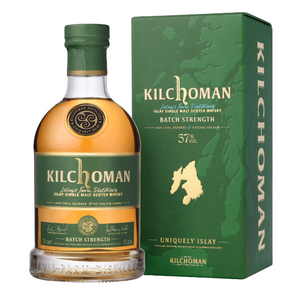 a bottle of Kilchoman Batch Strenght whisky with its packaging box