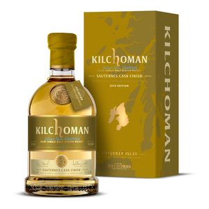 a bottle of Kilchoman Sauternes Cask Finish whisky with its packaging box