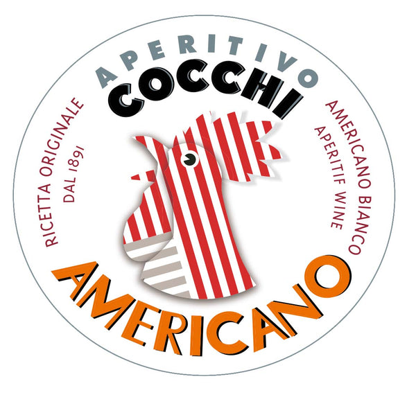 Cocchi Americano Bianco label with the original futurist rooster designed in the 30’s and representing his aperitif function (“it awakes the appetite”) as well as one of the symbols of the town of Asti.